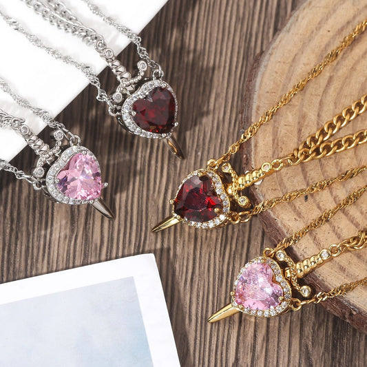 Dagger Piercing Heart Pendant Necklace